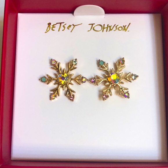 Betsey Johnson Gold Tone Snowflake Stud Earrings Crystal Accents NIB - Picture 3 of 11